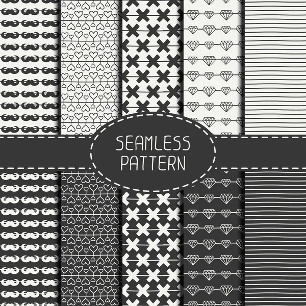Set of monochrome hipster fashion geometric seamless pattern. Collection of paper for scrapbook. Vector background. Tiling. Hand drawn doodles. Stylish graphic texture for your design, wallpaper. — Stock Vector