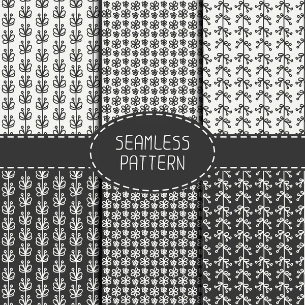 Set of monochrome floral seamless pattern with flowers. Collection of paper for scrapbook. Vector background. Tiling. Hand drawn doodles. Stylish graphic texture for your design, wallpaper. — Stock Vector