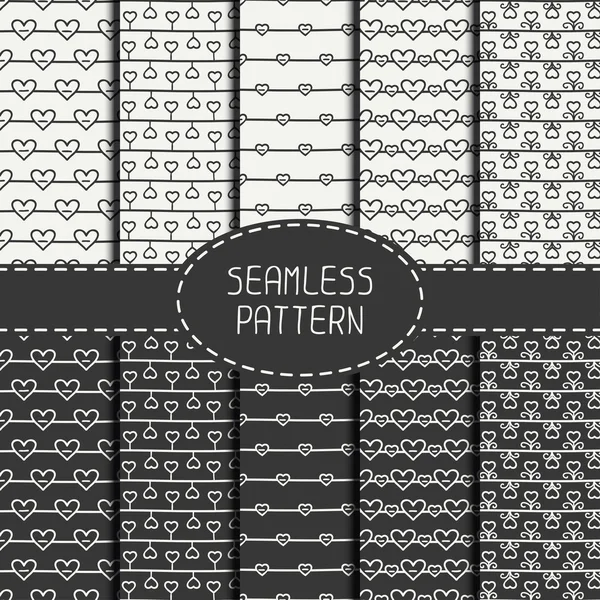 Set of monochrome romantic seamless pattern with hearts. Collection of paper for scrapbook. Vector background. Tiling. Hand drawn doodles. Stylish graphic texture for your design, wallpaper. — Stock Vector