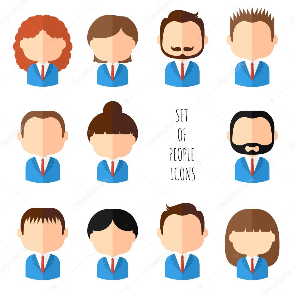 Set of colorful office people icons. Businessman. Businesswoman. Man. Woman. Trendy flat style. Funny cartoon faces characters for your design. Collection of cute avatar. Vector illustration.