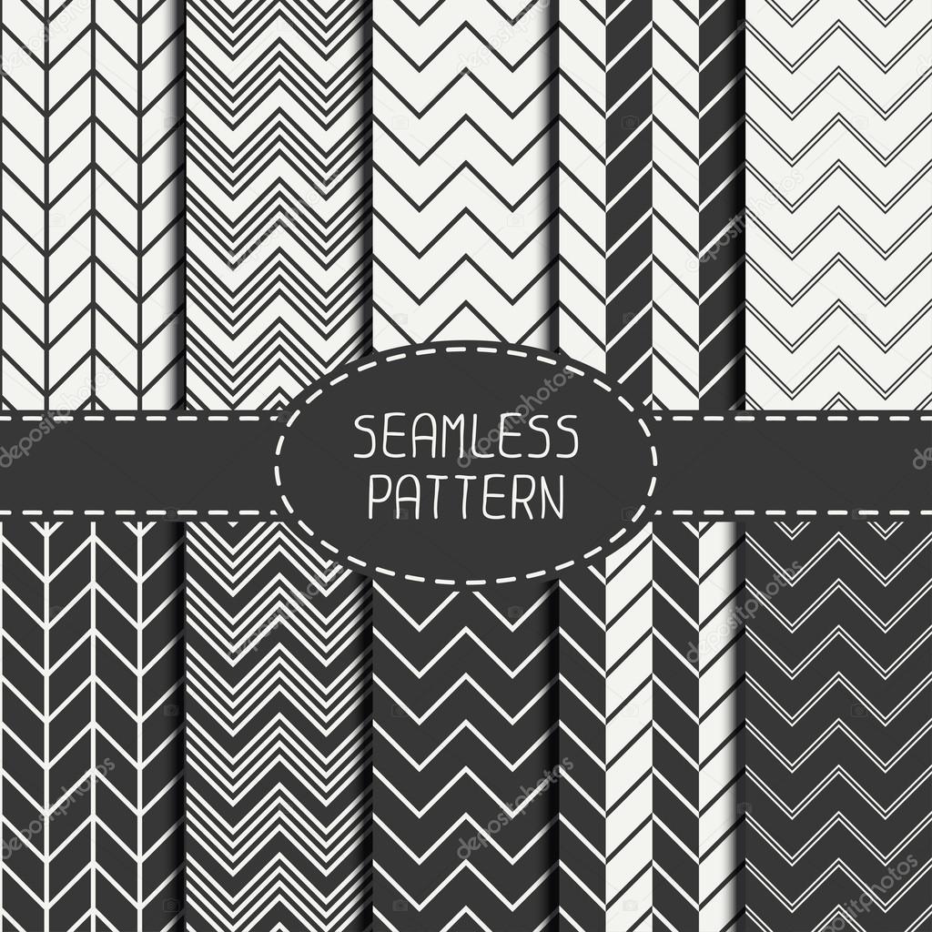 Set of monochrome fashion geometric seamless pattern with chevron. Collection of paper for scrapbook. Vector background. Tiling. Stylish graphic texture for your design, wallpaper, pattern fills.