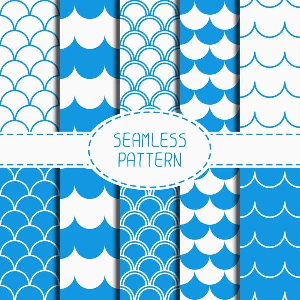 Set of seamless retro vintage blue marine geometric line pattern. Tiling. Collection of wrapping paper. Paper for scrapbook. Wave background. Graphic texture for design. Vector illustration. — Stock Vector