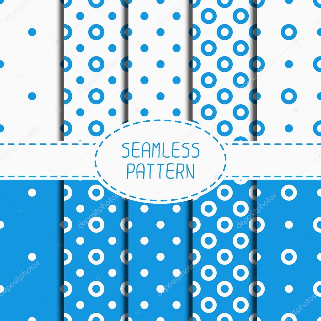 Set of blue geometric seamless polka dot pattern with circles. Collection of wrapping paper. Paper for scrapbook. Tiling. Peas. Vector illustration. Background. Swatches. Graphic texture  for design.