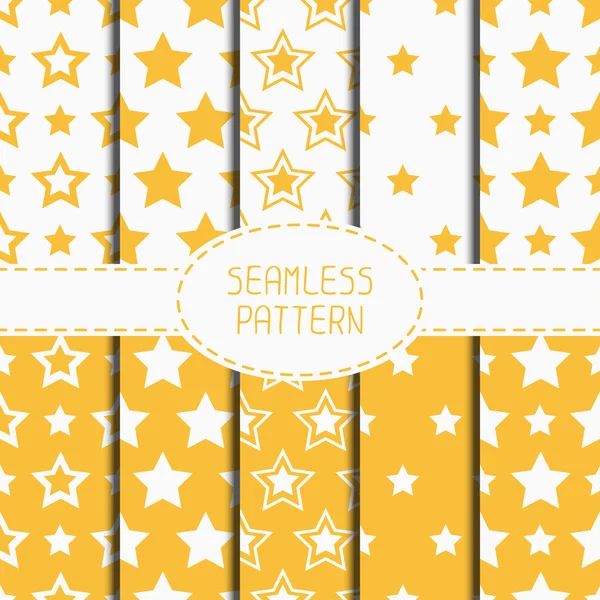 Set of yellow geometric seamless pattern with stars. Collection of wrapping paper. Paper for scrapbook. Tiling. Vector illustration. Starry background. Stylish graphic texture for design, wallpaper. — Stock Vector
