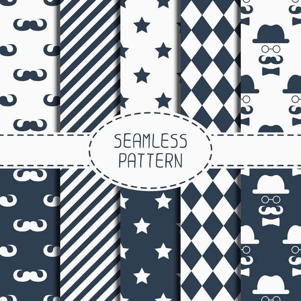Set of hipster fashion geometric seamless pattern with mustache. Collection of paper for scrapbook. Wrapping paper. Vector background. Tiling. Stylish graphic texture for your design, wallpaper. — Stock Vector