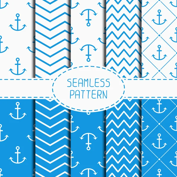 Set of blue marine geometric seamless pattern with anchor. Wrapping paper. Collection of paper for scrapbook. Vector background. Tiling. Stylish graphic texture for your design, wallpaper. — Stock Vector