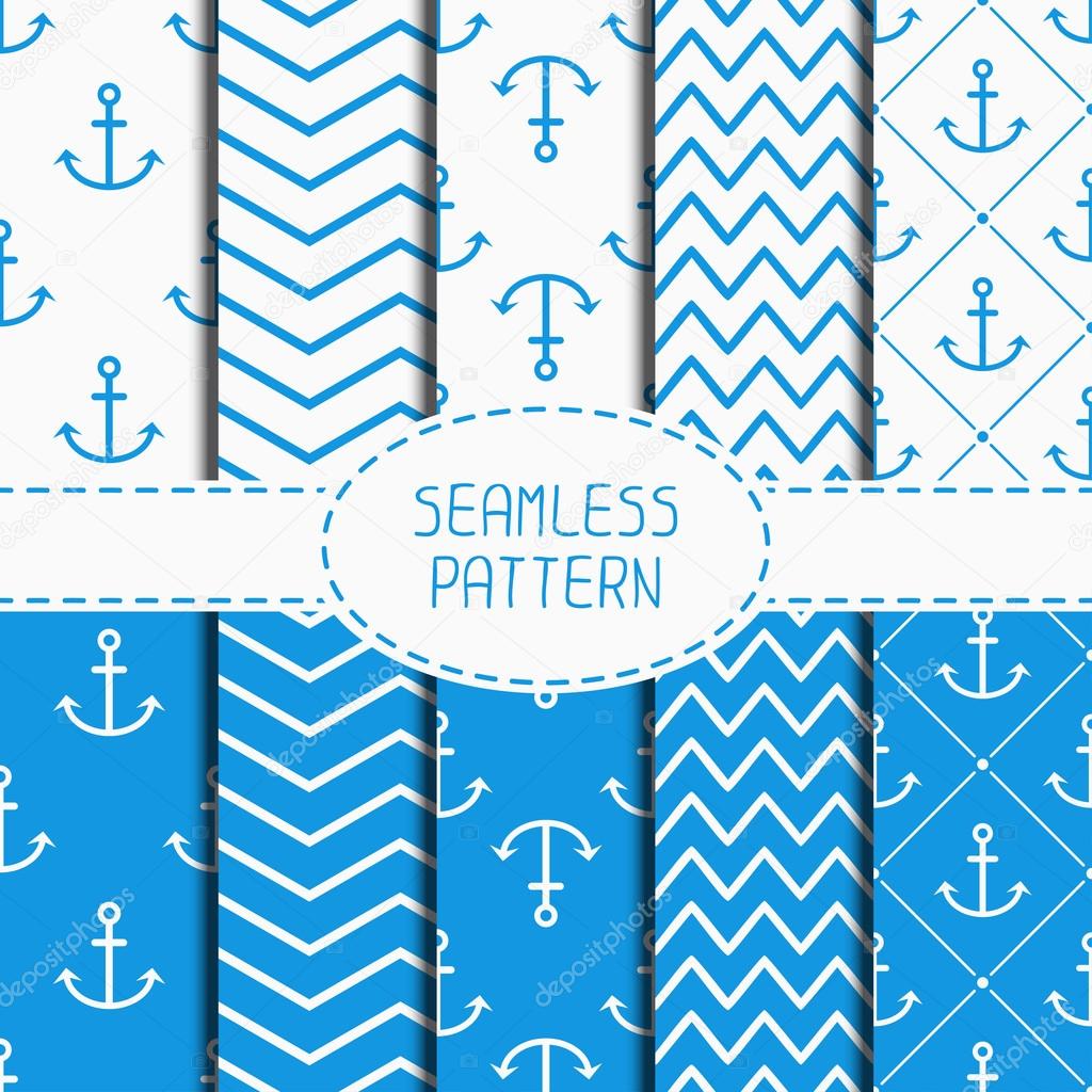 Set of blue marine geometric seamless pattern with anchor. Wrapping paper. Collection of paper for scrapbook. Vector background. Tiling. Stylish graphic texture for your design, wallpaper.