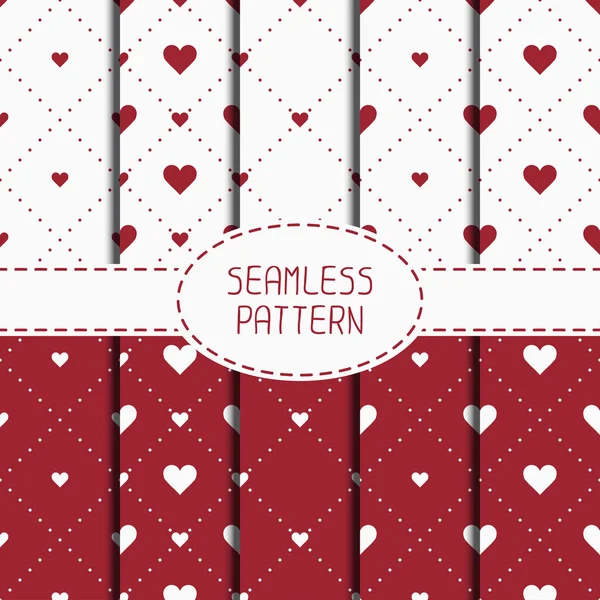 Set of red romantic geometric seamless pattern with hearts. Collection of wrapping paper. Scrapbook paper. Tiling. Vector illustration. Background. Graphic texture  for design. Valentines day. — Stock Vector