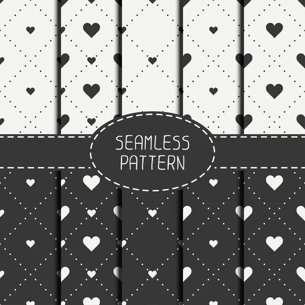Set of monochrome romantic geometric seamless pattern with hearts. Collection of wrapping paper. Scrapbook paper. Tiling. Vector illustration. Background. Graphic texture  for design. Valentines day. — Stock Vector