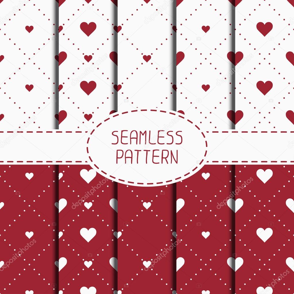 Set of red romantic geometric seamless pattern with hearts. Collection of wrapping paper. Scrapbook paper. Tiling. Vector illustration. Background. Graphic texture  for design. Valentines day.