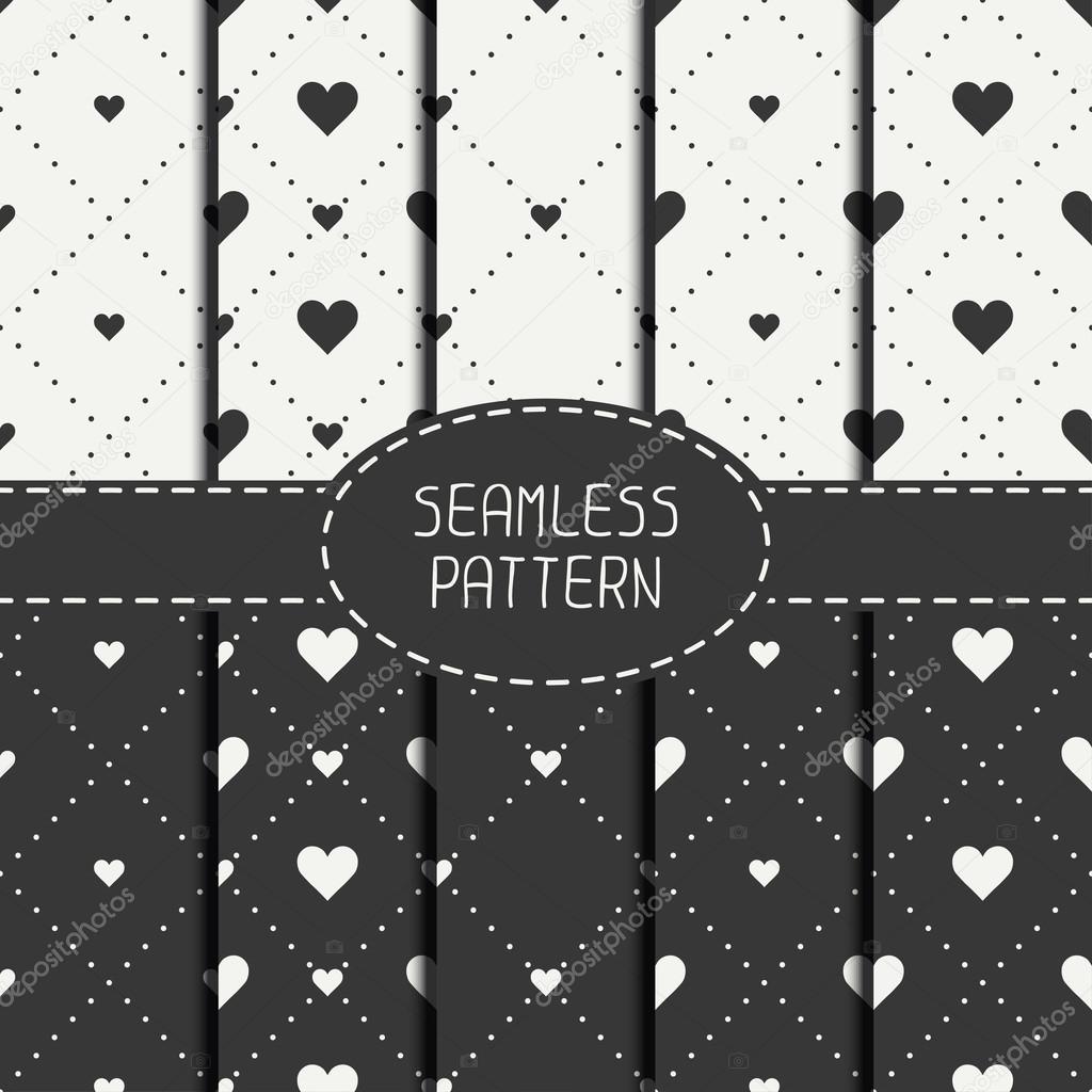 Set of monochrome romantic geometric seamless pattern with hearts. Collection of wrapping paper. Scrapbook paper. Tiling. Vector illustration. Background. Graphic texture  for design. Valentines day.