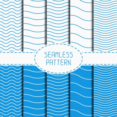Set of geometric seamless wavy lines pattern. Irregular abstract striped. Collection of wrapping paper. Scrapbook paper. Tiling. Vector simple ripple illustration. Background. Blue stripes. Texture.