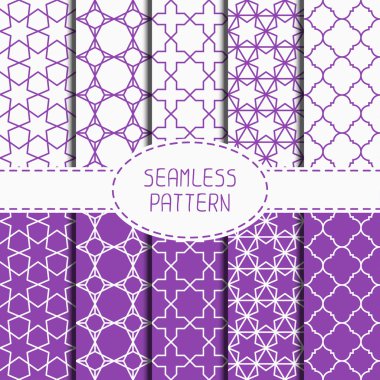 Geometrik kafes Dikişsiz Arapça desen kümesi. İslam oryantal tarzda. Kağıt ambalaj. Scrapbook kağıt. Döşeme. Beyaz vektör çizim. Fas arka plan. Renk örnekleri. Grafik doku.