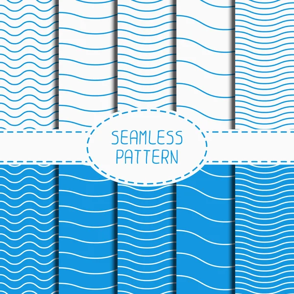 Set of geometric seamless wavy lines pattern. Irregular abstract striped. Collection of wrapping paper. Scrapbook paper. Tiling. Vector simple ripple illustration. Background. Blue stripes. Texture. — Stock Vector