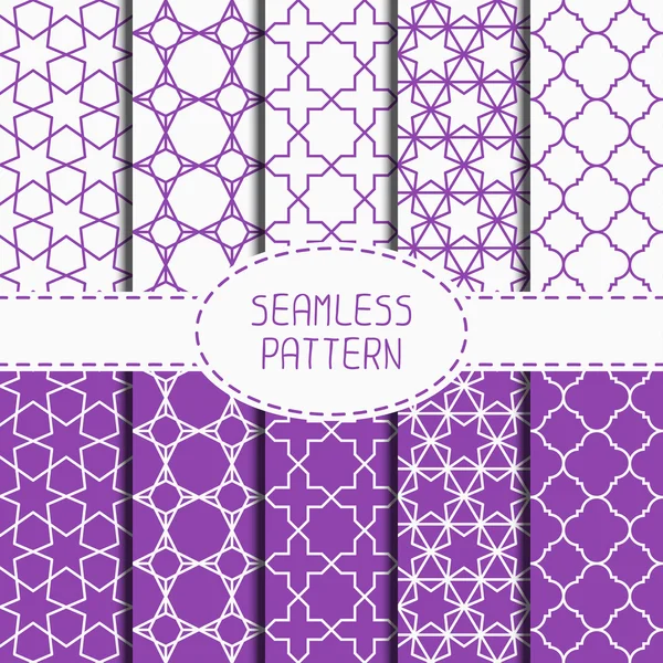 Set of geometric lattice seamless arabic pattern. Islamic oriental style. Wrapping paper. Scrapbook paper. Tiling. White vector illustration. Moroccan background. Swatches. Graphic texture. — Stock Vector