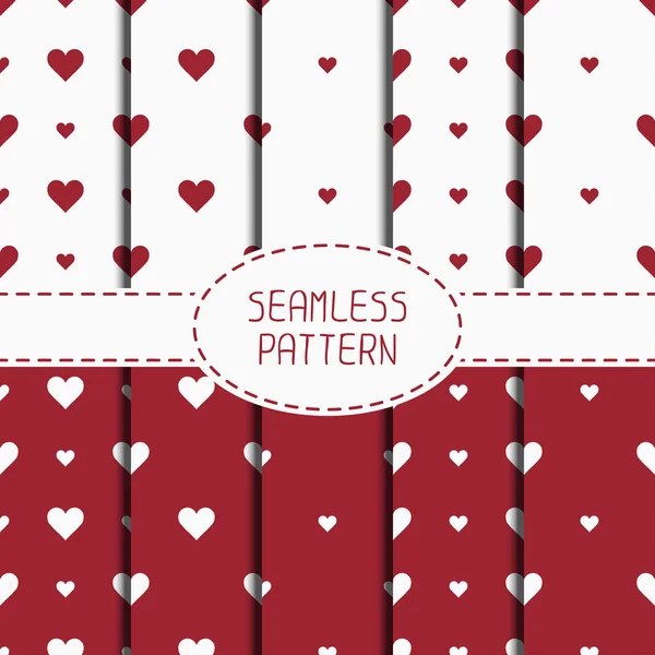 Set of red romantic geometric seamless pattern with hearts. Collection of wrapping paper. Scrapbook paper. Tiling. Vector illustration. Background. Graphic texture  for design. Valentines day. — Stock Vector