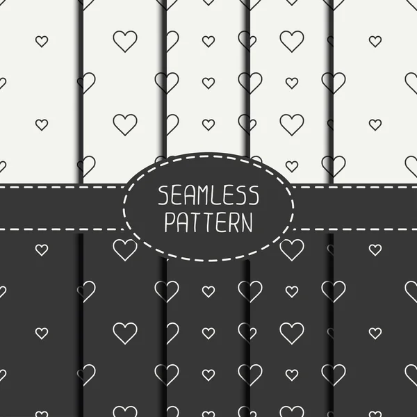 Set of monochrome romantic geometric seamless pattern with hearts. Collection of wrapping paper. Scrapbook paper. Tiling. Vector illustration. Background. Graphic texture  for design. Valentines day. — Stock Vector
