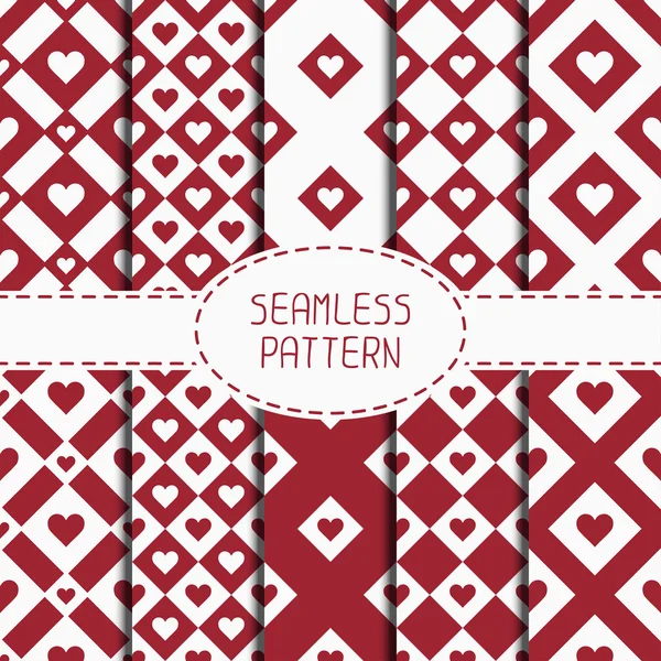 Set of red romantic geometric seamless pattern with hearts. Collection of wrapping paper. Scrapbook paper. Tiling. Vector illustration. Background. Graphic texture  for design. Valentines day. — Stock Vector