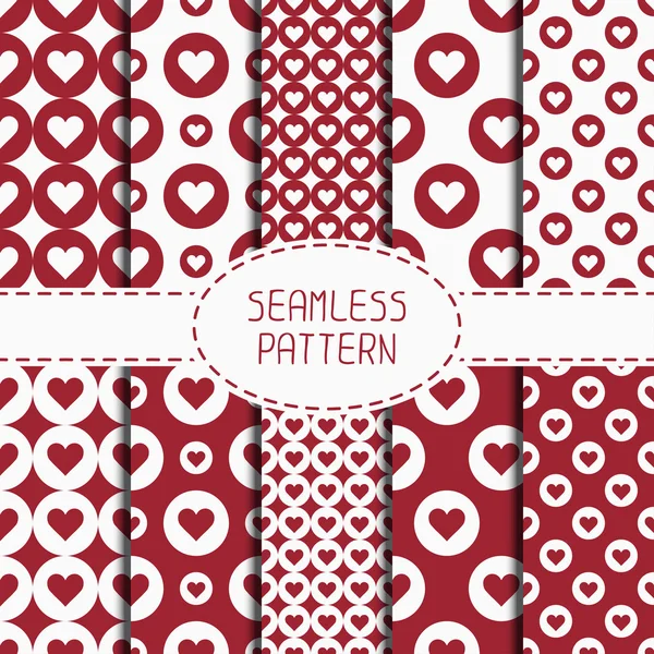 Set of red romantic geometric seamless pattern with hearts. Collection of wrapping paper. Scrapbook paper. Tiling. Vector illustration. Background. Graphic texture  for design. Valentines day. — Stock Vector