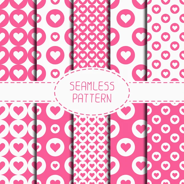 Set of pink romantic geometric seamless pattern with hearts. Collection of wrapping paper. Scrapbook paper. Tiling. Vector illustration. Background. Graphic texture  for design. Valentines day. — Stock Vector