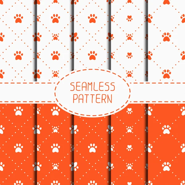 Set of seamless pattern with animal footprints, cat, dog. Wrapping paper. Paper for scrapbook. Tiling. Vector illustration traces with paw prints. Background. Stylish graphic texture for design. — Stock Vector