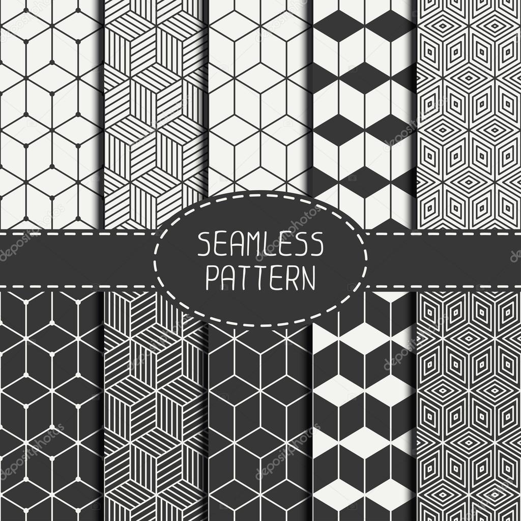 Set of geometric abstract seamless cube pattern with rhombuses. Wrapping paper. Paper for scrapbook. Tiling. Vector illustration. Background. Graphic texture with optical illusion effect for design.