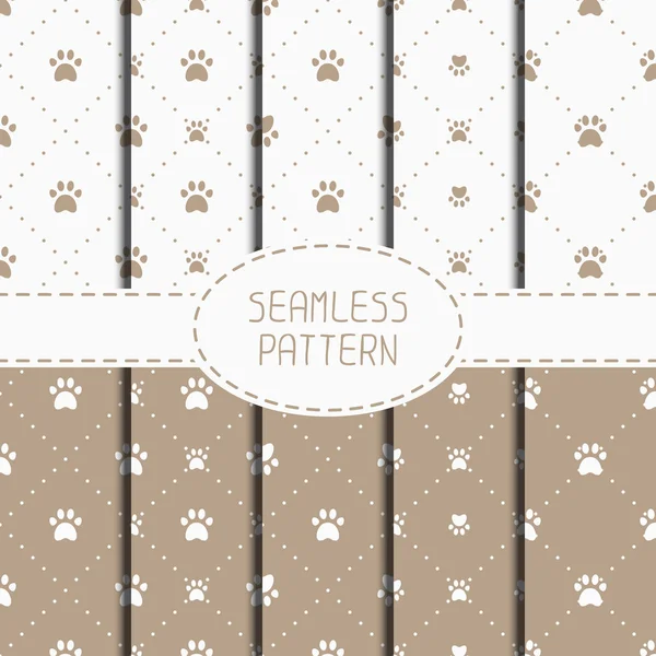 Set of seamless pattern with animal footprints, cat, dog. Wrapping paper. Paper for scrapbook. Tiling. Vector illustration traces with paw prints. Background. Stylish graphic texture for design. — Stock Vector