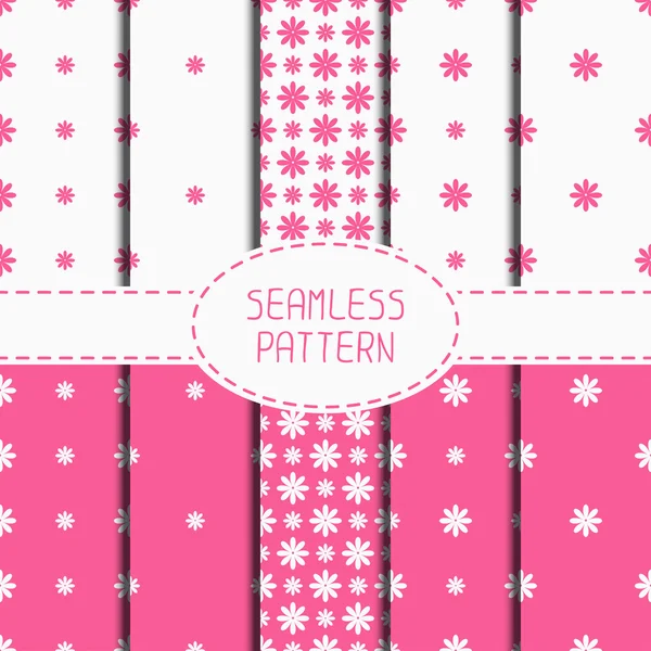 Set of pink geometric floral seamless pattern with flowers. Collection of wrapping paper. Paper for scrapbook. Tiling. Beautiful vector illustration. Stylish graphic texture for your design, wallpaper — Stock Vector
