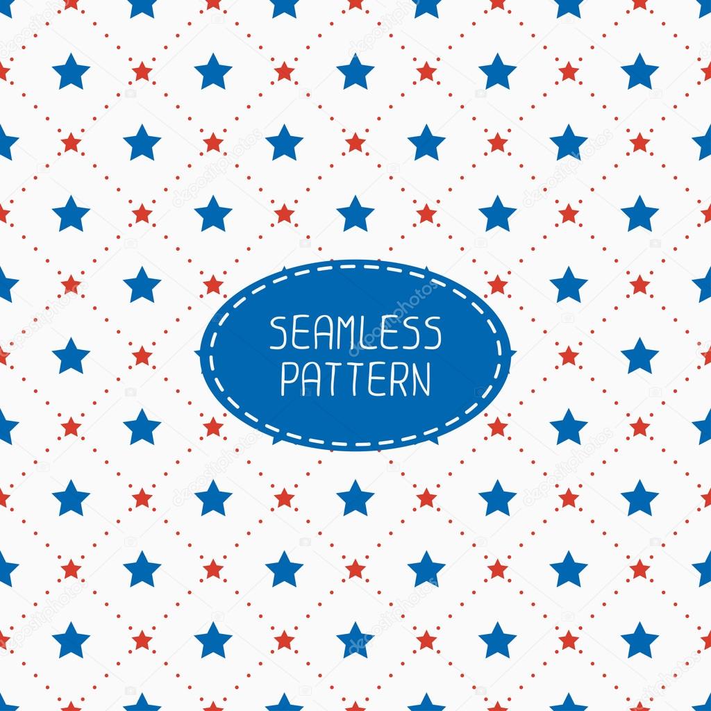 Geometric patriotic seamless pattern with red, white, blue stars. American symbols. USA flag. 4th of July. Wrapping paper. Paper for scrapbook. Tiling. Vector nautical illustration starry background. 