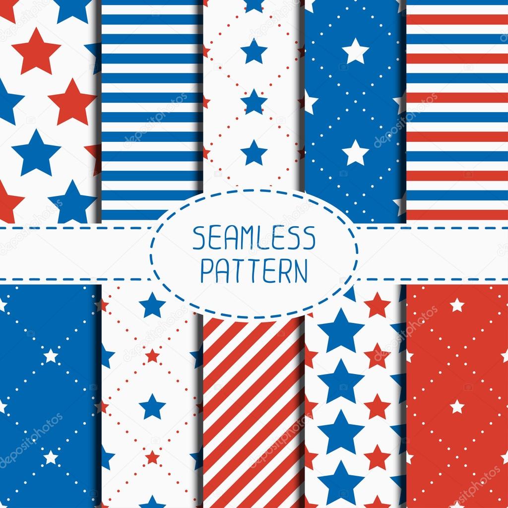 Set of geometric patriotic seamless pattern with red, white, blue stars. American symbols. USA flag. 4th of July. Wrapping paper. Paper for scrapbook. Tiling. Vector nautical starry background.