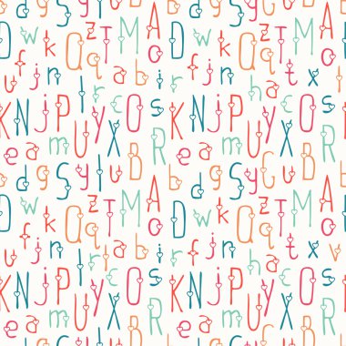 Vektör Dikişsiz desen renkli el çizilmiş yazı tipi. Güzel basit mektuplar arka plan. Doodle tipografik sembolleri. 