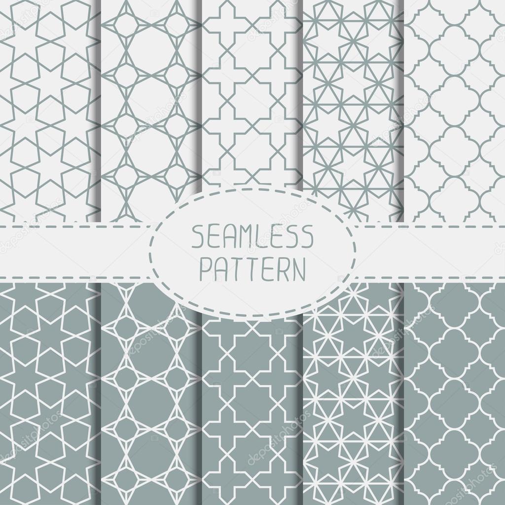 Set of geometric line lattice seamless arabic pattern. Islamic oriental style. Collection of wrapping paper. Scrapbook paper. Vector illustration. Moroccan background. Swatches. Graphic texture.