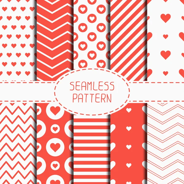 Set of romantic geometric seamless pattern with hearts. Collection of wrapping paper. Scrapbook paper. Tiling. Vector illustration. Background. Graphic texture. Valentines day. Chevron zigzag stripes. — Stock Vector