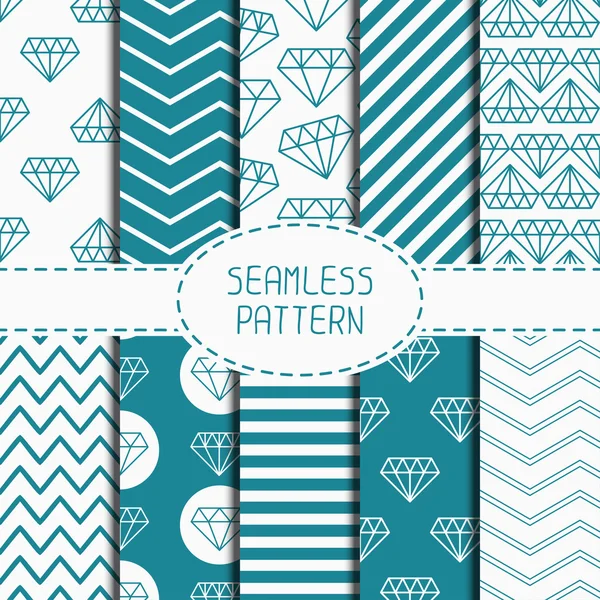 Set of blue hipster fashion geometric seamless pattern with diamond. Chevron zigzag stripes. Wrapping paper. Paper for scrapbook. Vector background. Tiling. Stylish graphic texture. — Stock Vector