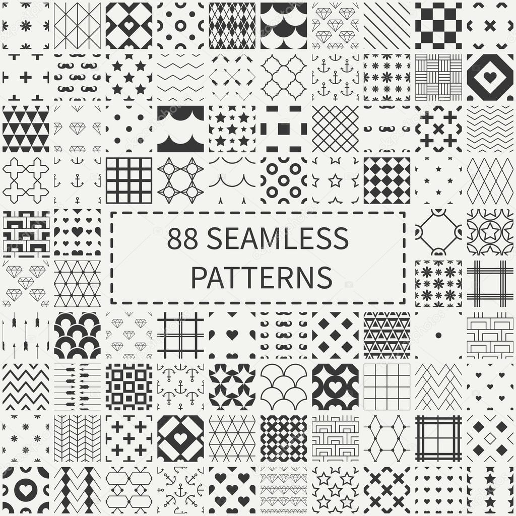 Mega set of 88 monochrome geometric universal different seamless decorative patterns. Wrapping paper. Scrapbook paper. Tiling. Vector backgrounds collection. Endless graphic texture ornaments for