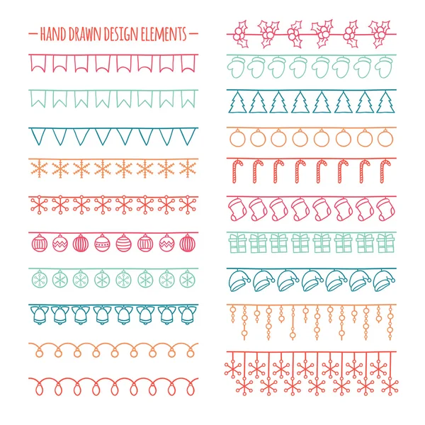 Set van 2016 Kerstmis seizoen hand getrokken vector lijnrand en schets Krabbel winter ontwerp grafisch element. Nieuwjaar borstels voor ontwerp. Illustratie. Trendy doodle stijl. ScrapBook decoraties. — Stockvector