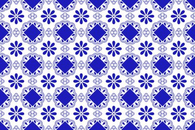 Geleneksel Meksika Talavera Çiçek Motifli Seramik Döşeme. Puebla 'dan bir desen. Vektör İllüstrasyonu.