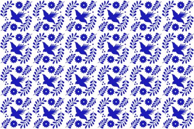 Mavi Meksika Talavera Seramik Seramiği Kuş ve Çiçekli. Geleneksel Puebla Tertemiz Meksika Modeli. Vektör İllüstrasyonu.