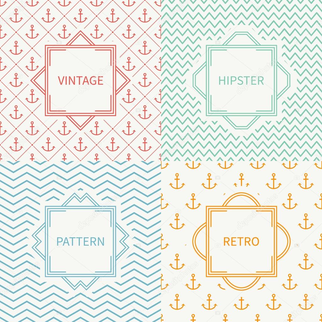 Set of mono line marine geometric seamless pattern with anchor. Vintage frames in red, green, blue, gold. Wrapping paper. Background. Texture for greeting cards, wedding invitations. Labels, badges.