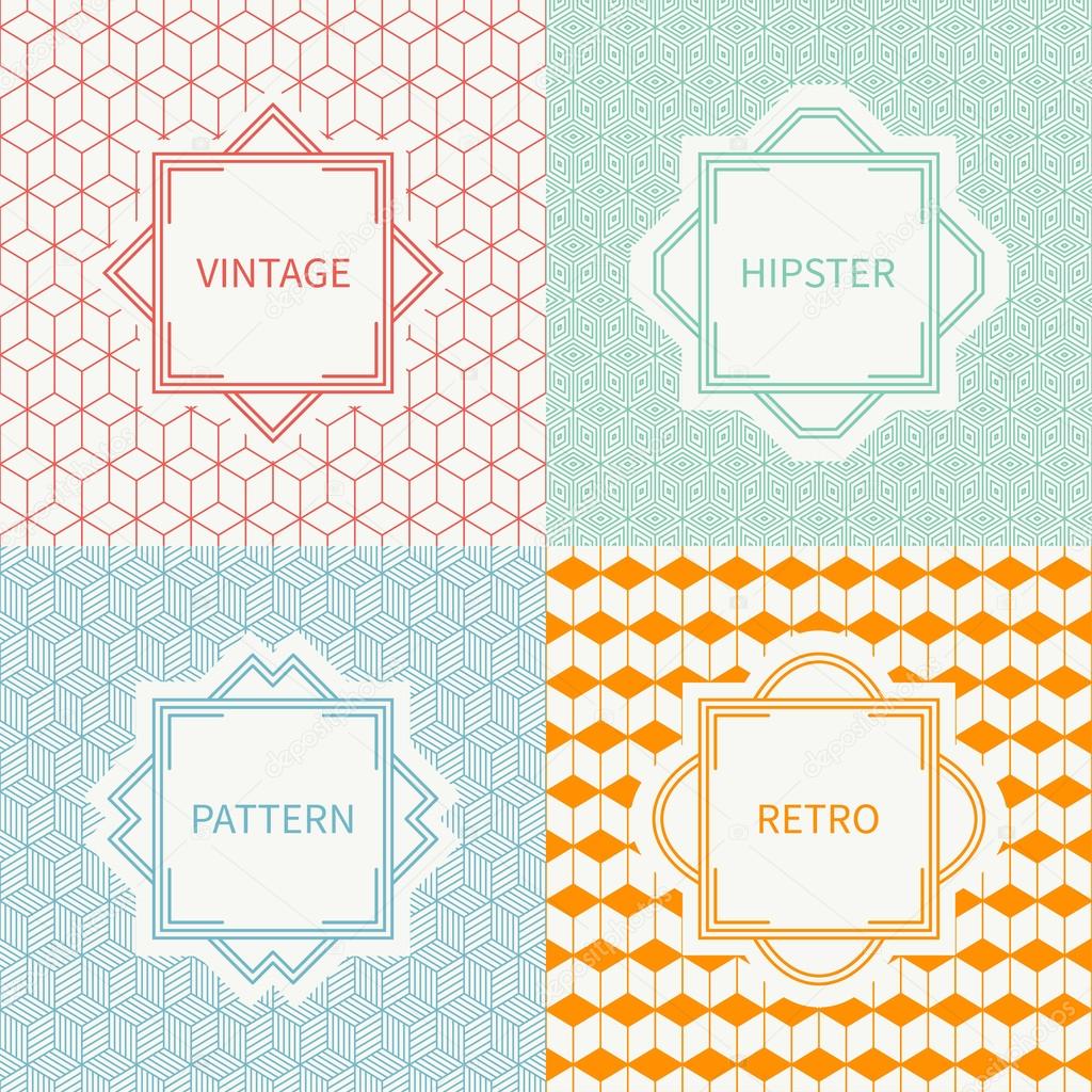 Set of mono line geometric seamless cube pattern with square, cube. Vintage frames in red, green, blue, gold. Vector background. Graphic texture for greeting cards. Labels, badges. Illusion effect.
