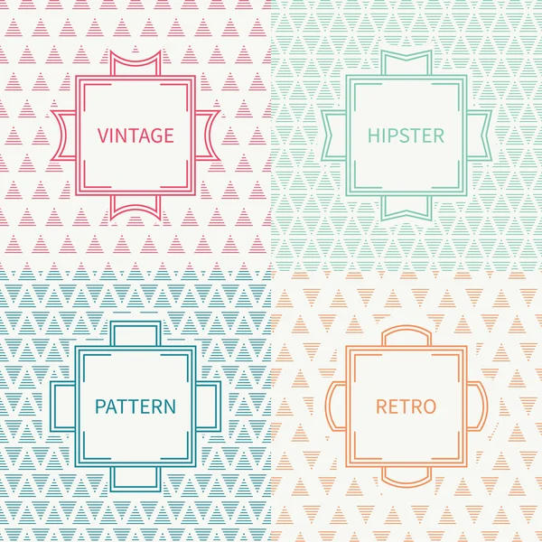 Set of mono line polygon hipster seamless pattern with triangle. Vintage frames in red, green, blue, gold. Wrapping paper. Vector background. Texture for greeting cards, invitations. Labels, badges. — Stock Vector