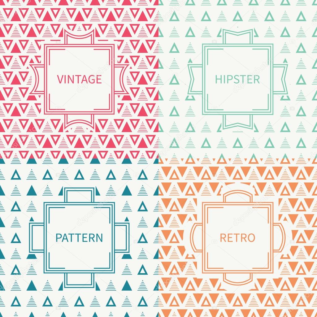 Set of mono line polygon hipster seamless pattern with triangle. Vintage frames in red, green, blue, gold. Wrapping paper. Vector background. Texture for greeting cards, invitations. Labels, badges.