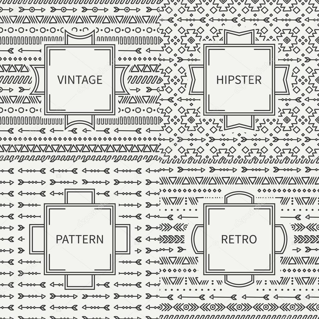 Set of hand drawn line ink geometric ethnic seamless pattern. Vintage frames. Doodles style. Tribal native vector illustration. Aztec background. Greeting cards, invitations. Labels, badges.