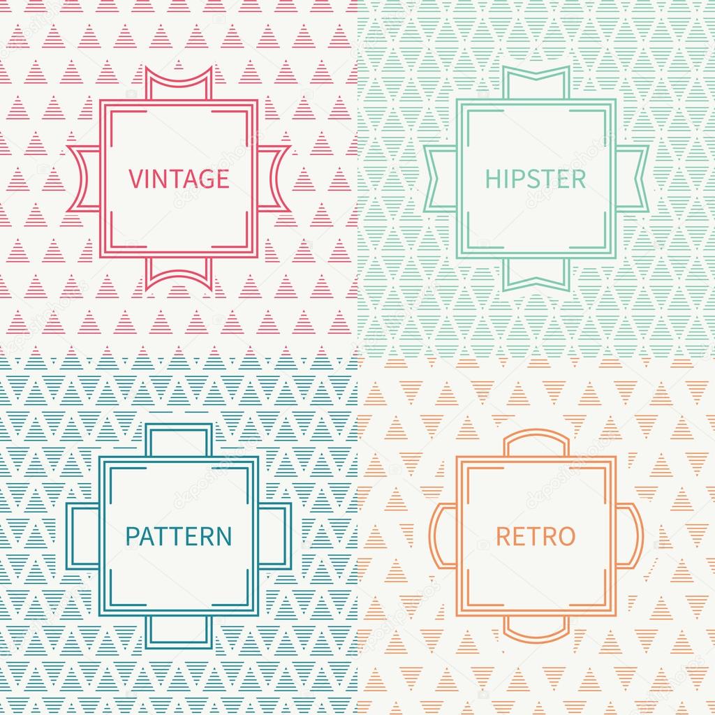 Set of mono line polygon hipster seamless pattern with triangle. Vintage frames in red, green, blue, gold. Wrapping paper. Vector background. Texture for greeting cards, invitations. Labels, badges.