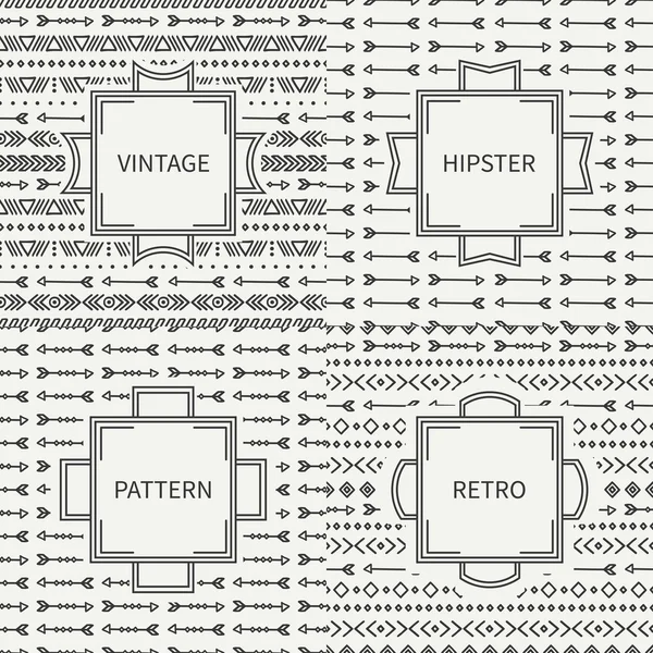 Conjunto de línea dibujada a mano de tinta geométrica patrón sin costura étnica. Marcos vintage. Estilo Doodles. Ilustración de vectores nativos tribales. Fondo azteca. Tarjetas de felicitación, invitaciones. Etiquetas, insignias . — Vector de stock