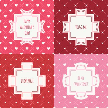 Kırmızı, pembe romantik seamless modeli yürekleri kümesi. Kağıt ambalaj toplama. Vektör çizim. Arka plan. Sevgililer günü. Vintage çerçeveler. Tebrik kartları, davetiyeler. Etiketler, rozetleri