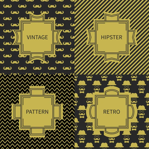 Conjunto de moda hipster ouro padrão sem costura geométrica com bigode. Coleção de papel de embrulho. Ilustração vetorial. Contexto. Molduras vintage. Cartões, convites. Etiquetas, crachás — Vetor de Stock