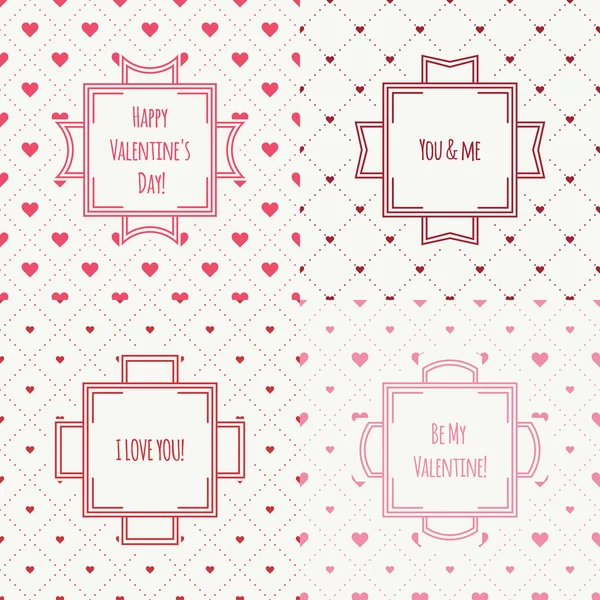 心に赤、ピンクのロマンチックなシームレス パターンのセットです。包装紙のコレクション。ベクトルの図。背景。バレンタインの日。ビンテージ フレーム。グリーティング カード、招待状。ラベル、バッジ — ストックベクタ