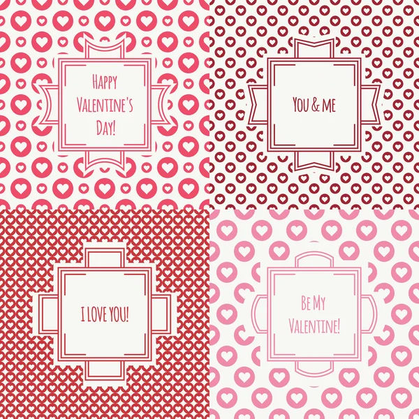 Conjunto de rojo, rosa romántico patrón sin costuras con corazones. Colección de papel de regalo. Ilustración vectorial. Antecedentes Día de San Valentín. Marcos vintage. Tarjetas de felicitación, invitaciones. Etiquetas, insignias — Vector de stock