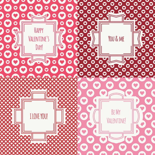 Conjunto de rojo, rosa romántico patrón sin costuras con corazones. Colección de papel de regalo. Ilustración vectorial. Antecedentes Día de San Valentín. Marcos vintage. Tarjetas de felicitación, invitaciones. Etiquetas, insignias — Vector de stock